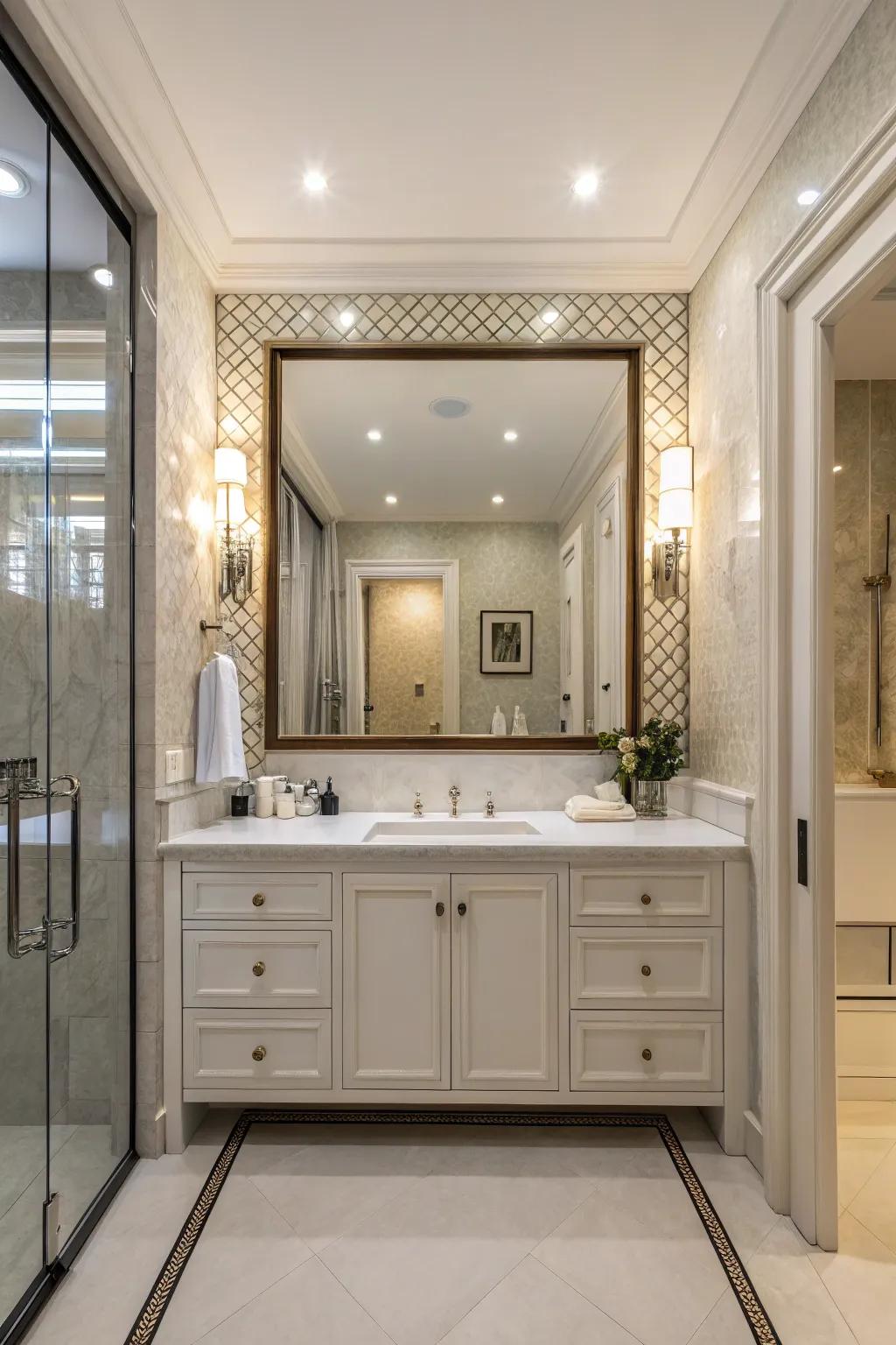 A powder room with a large mirror that adds elegance and depth.