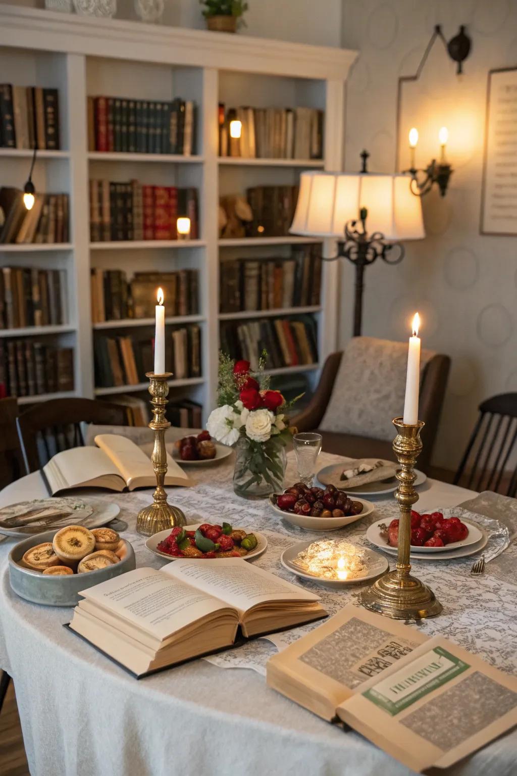 A dining setup inspired by classic literature, featuring books and themed decor to complement the dishes.