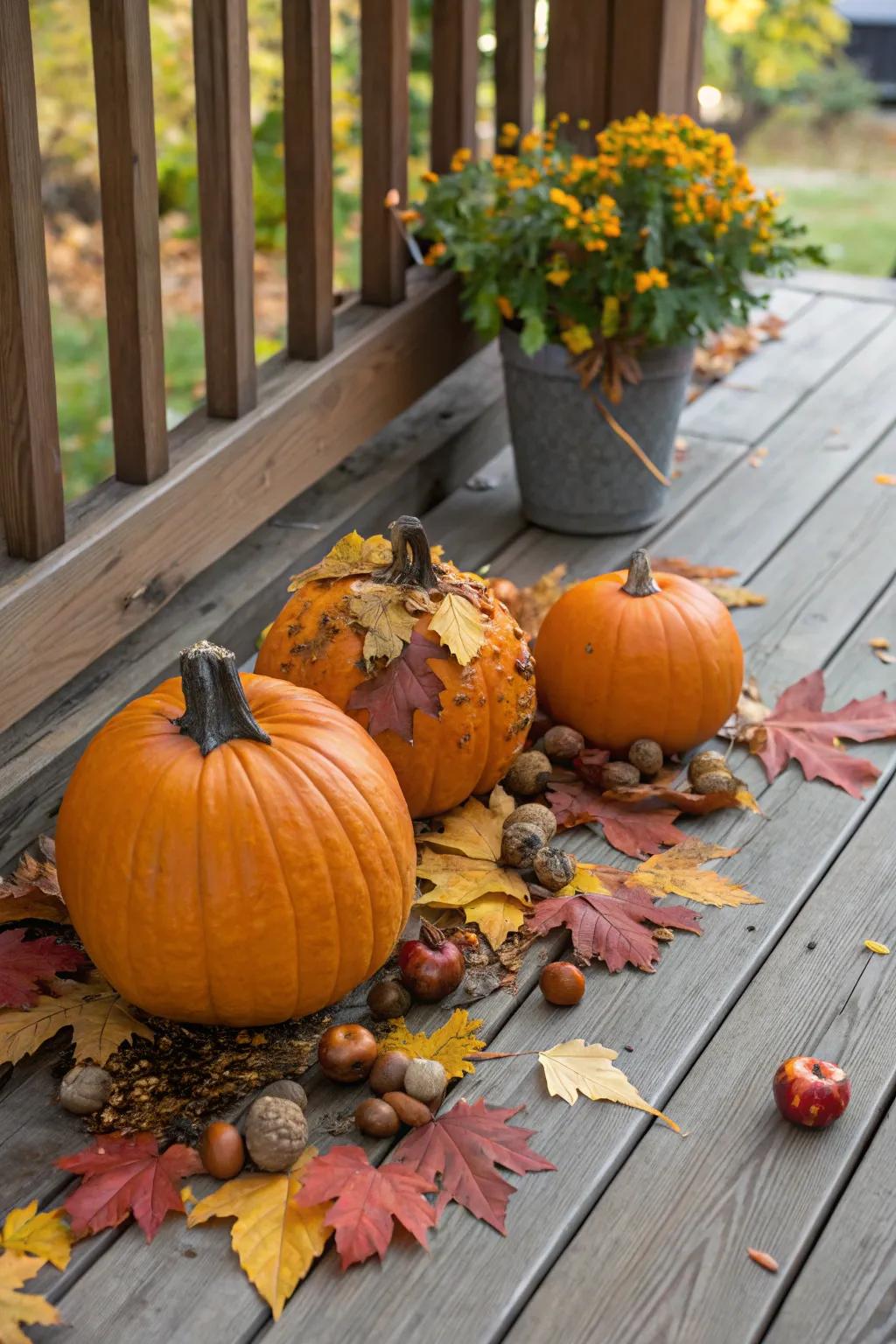 Nature-inspired pumpkins adorned with leaves and acorns.