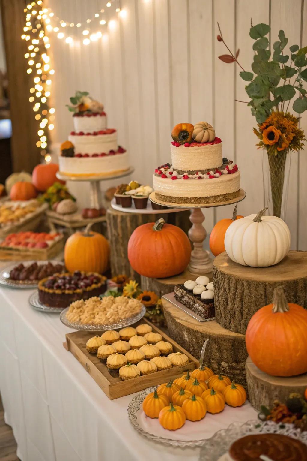 A dessert table adorned with charming pumpkin decorations.