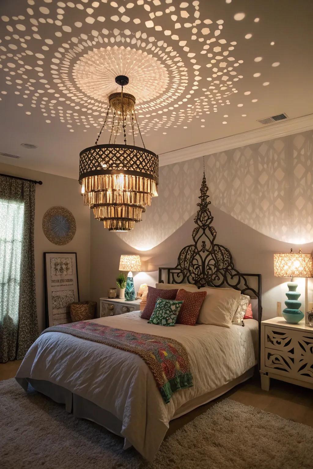 Unique lighting fixtures adding character to a bedroom.
