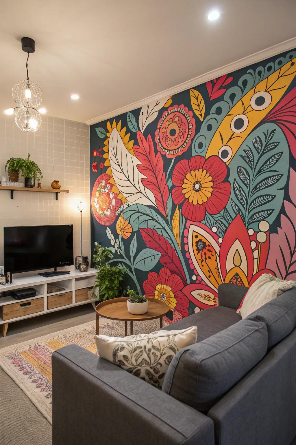 A bold and unexpected wall mural as a room centerpiece.