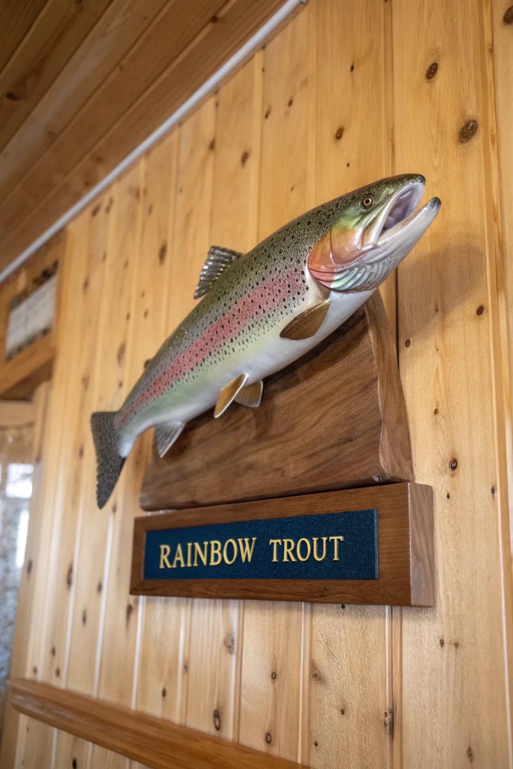 An engraved plaque personalizes the rainbow trout mount with special memories.