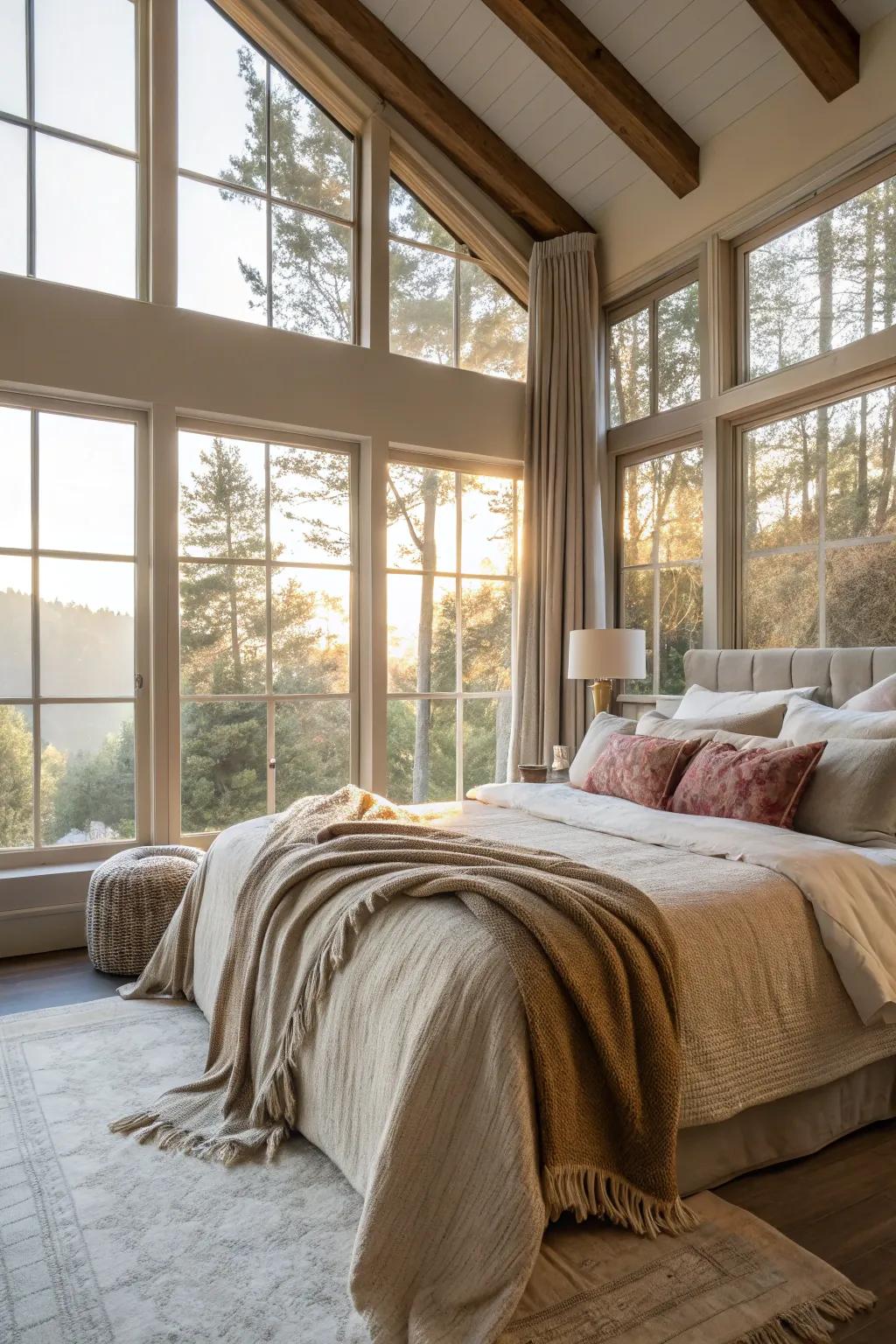 A bright bedroom with large windows allowing natural light to flood the space.