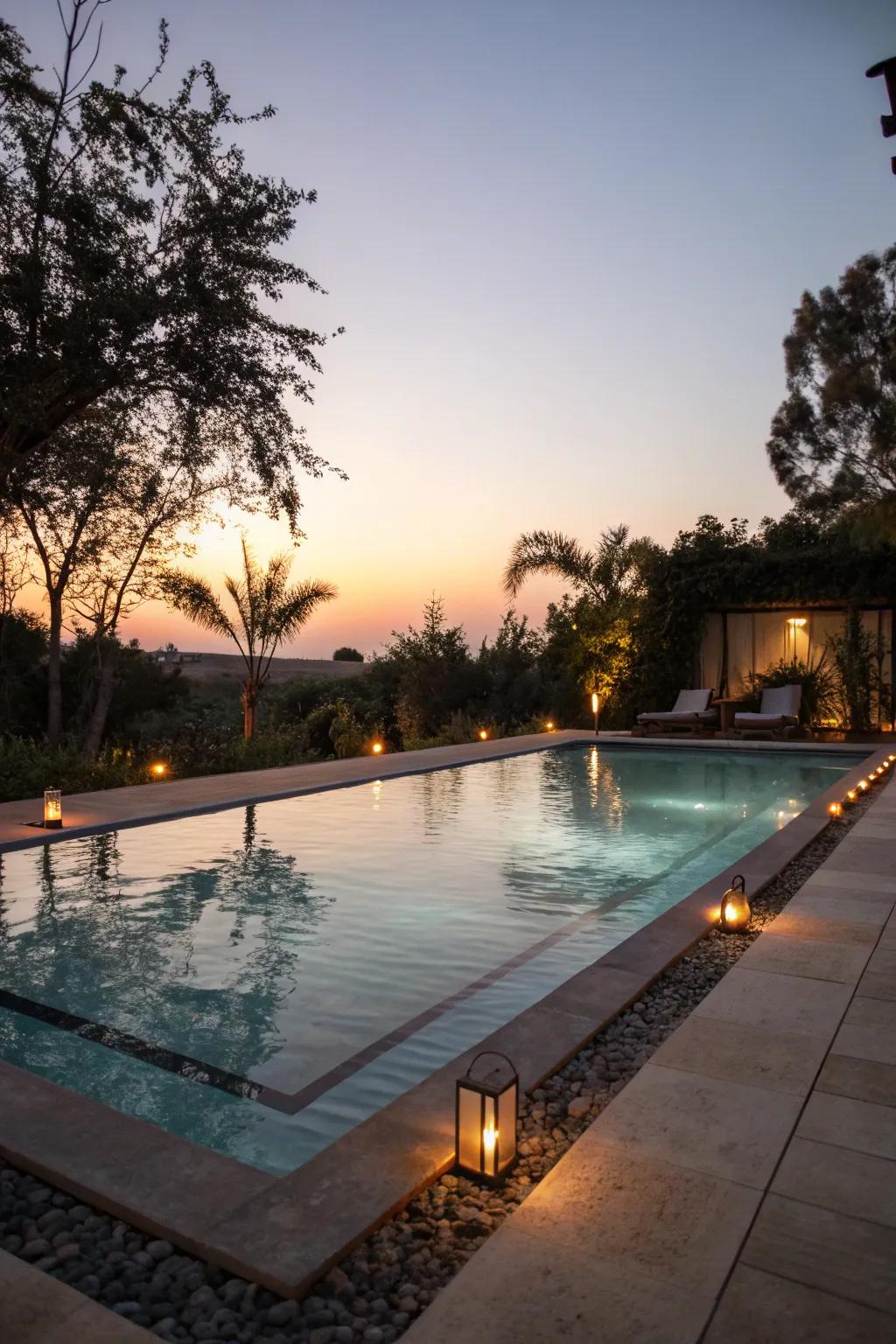 Ambient lighting transforms the pool area into a nighttime retreat.