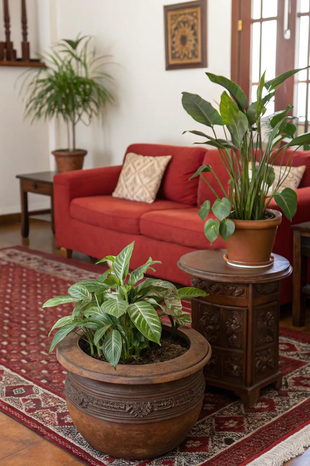 Greenery adds a refreshing contrast to a red and brown color scheme.