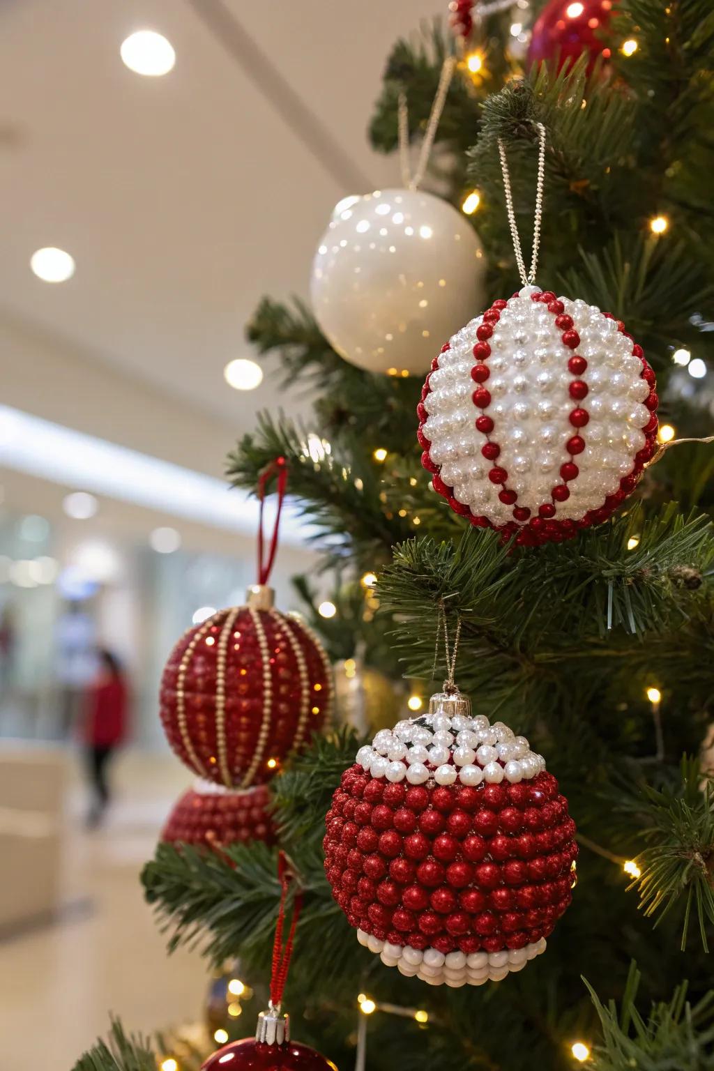 Festive ornaments crafted with red and white beads.