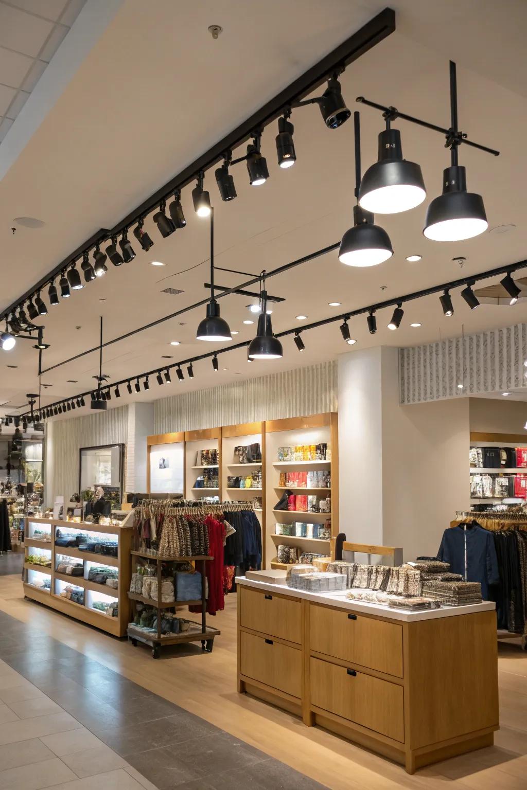Track lighting providing flexibility in highlighting store areas.
