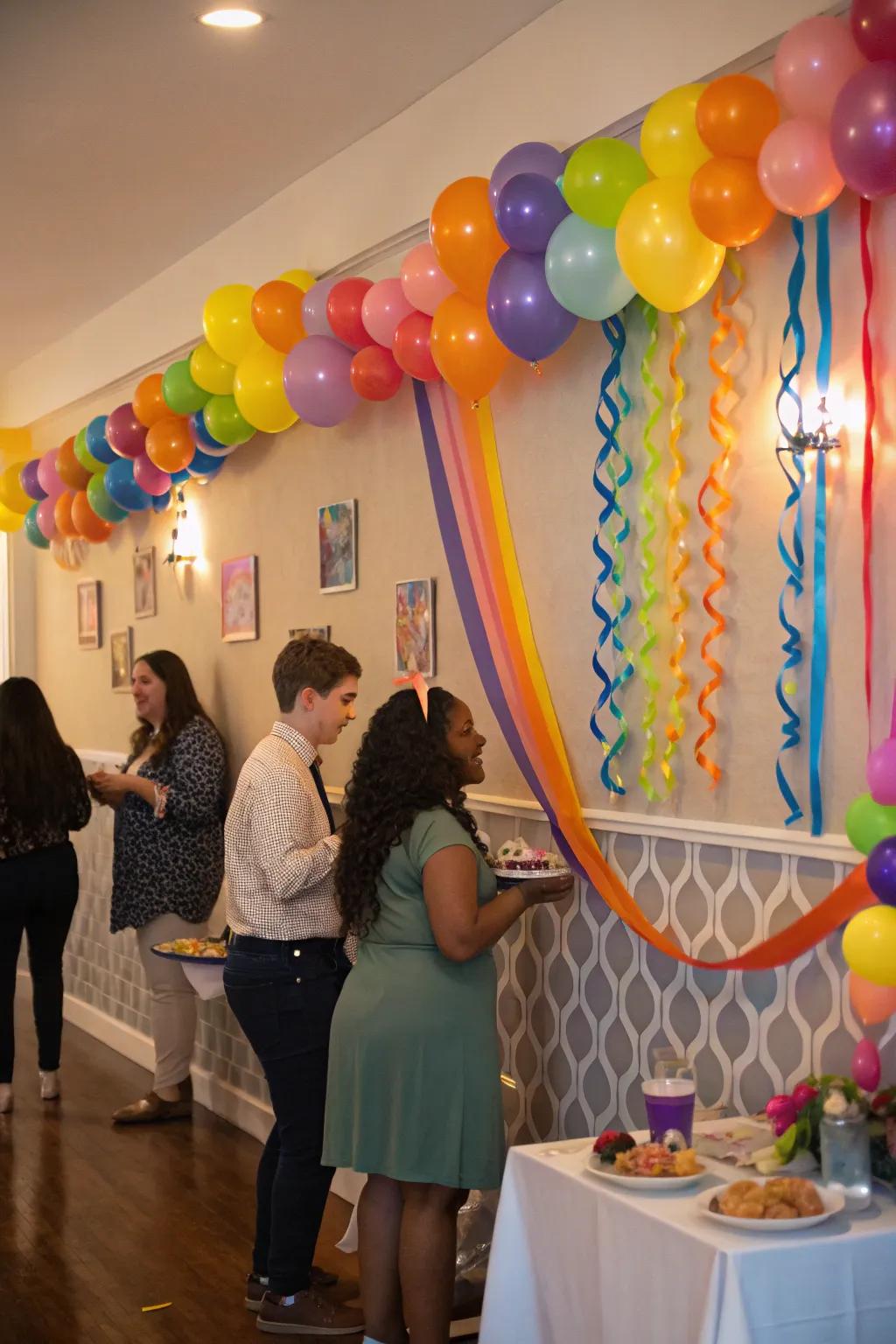 Party-perfect balloon and ribbon wall decorations.