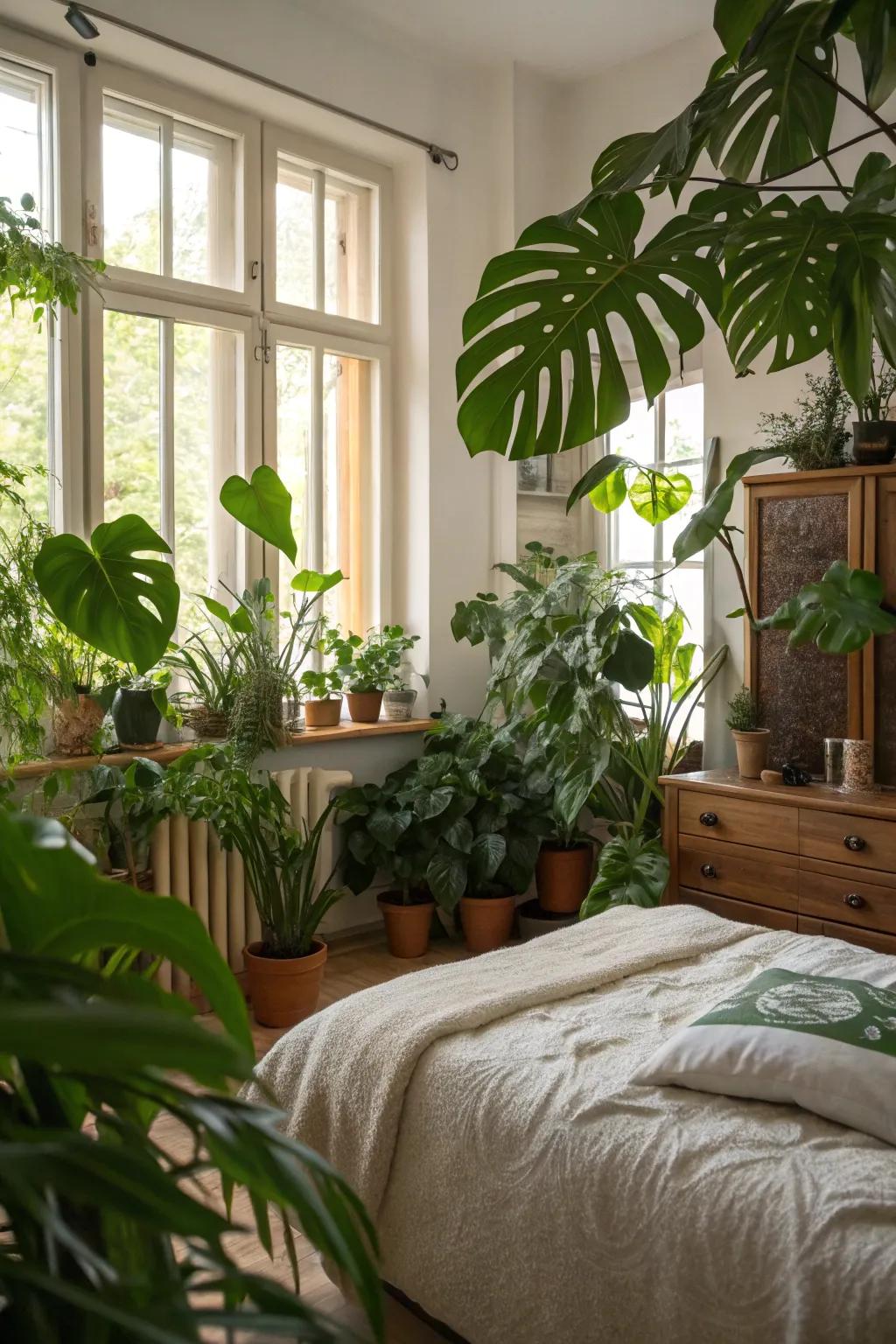 Greenery adds life and freshness to the bedroom.