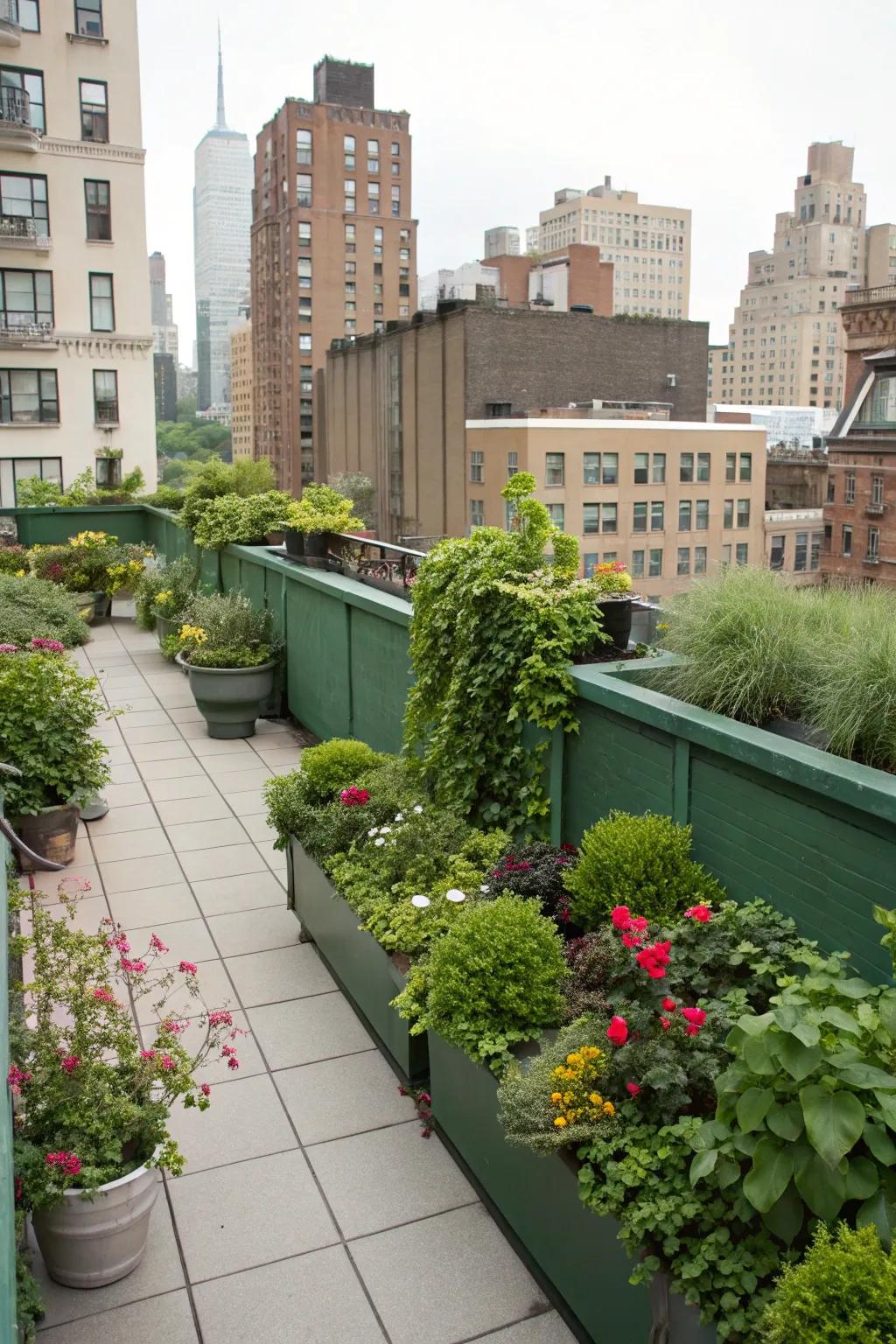 A rooftop garden oasis with lush greenery.