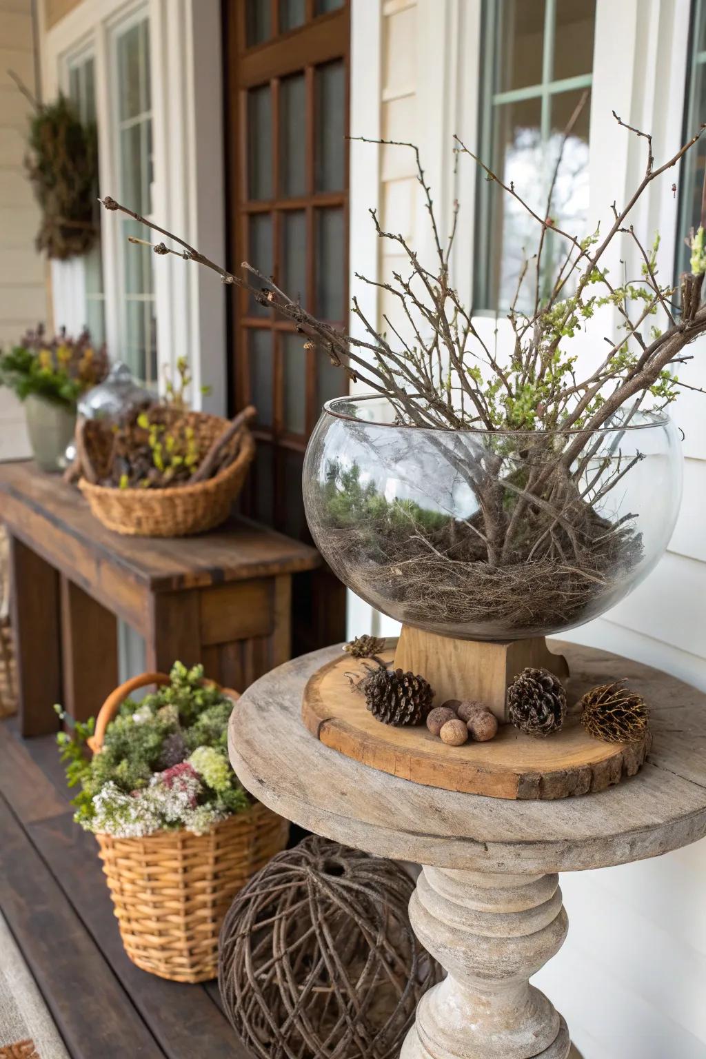 Natural elements like branches bring rustic charm to glass bowls.