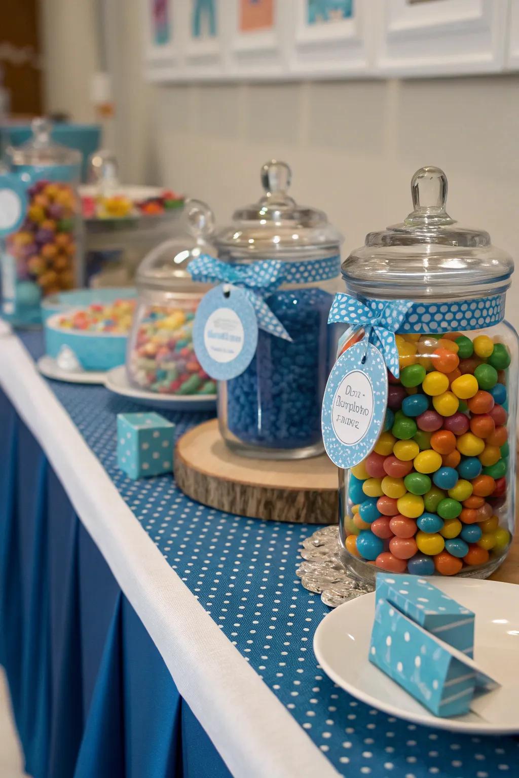 A personalized touch with custom labels on candy jars.