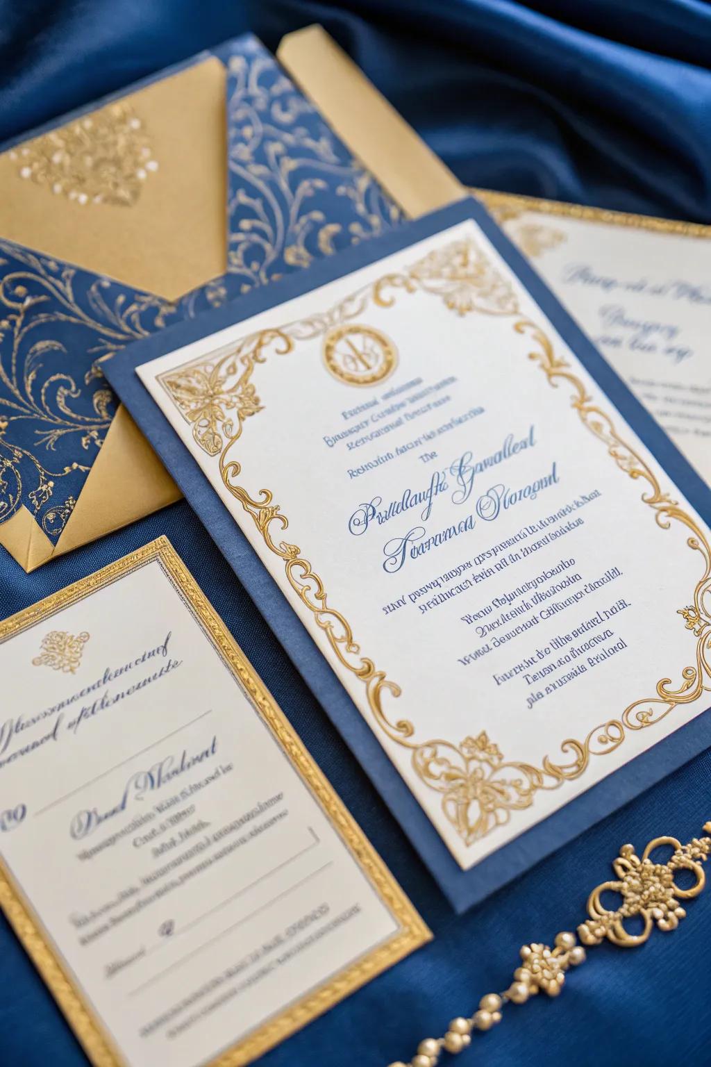 Elegant wedding invitations with royal blue accents.