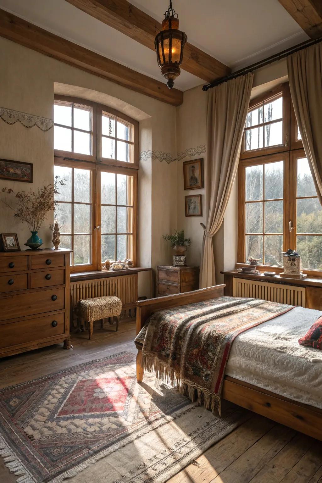 Natural light brightens and enlarges this rustic bedroom.