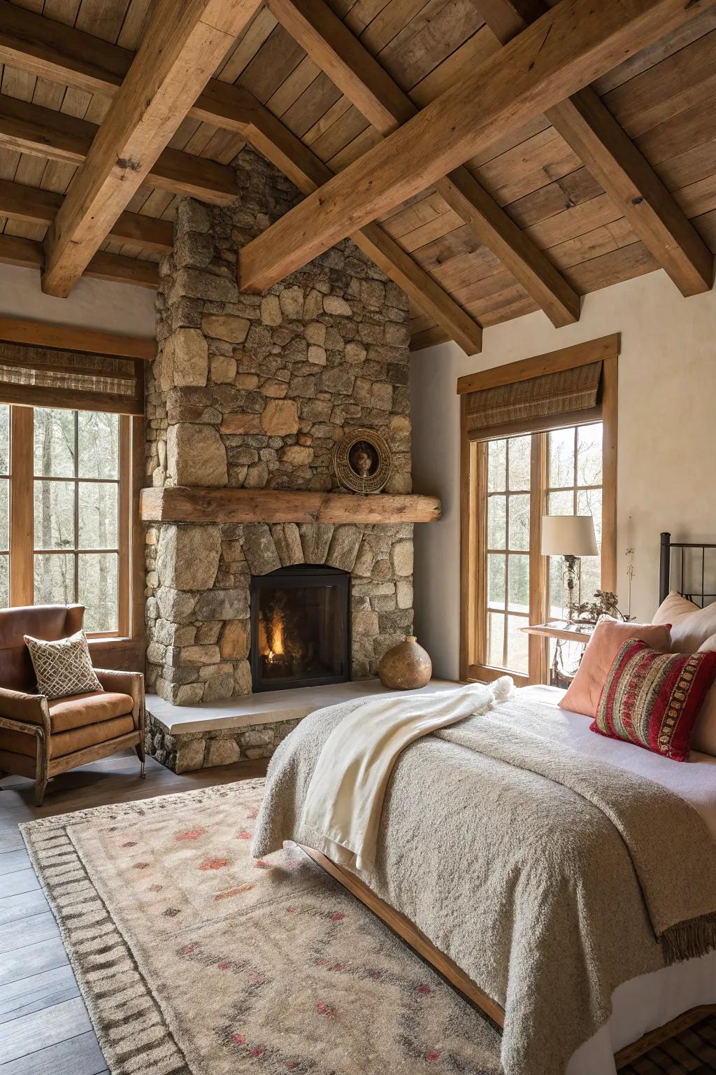 A stone fireplace is a warm and natural focal point.