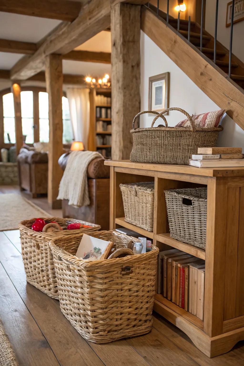 Living space featuring woven baskets for practical decor.