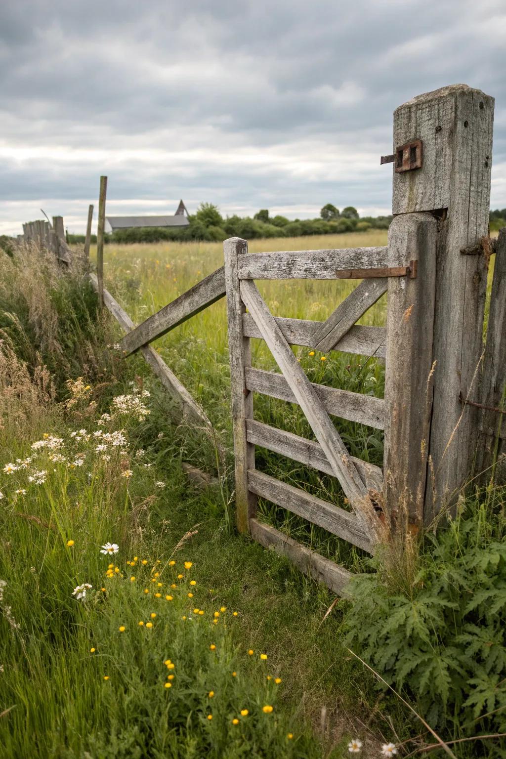 A farm gate with the elegant look of weathered wood.