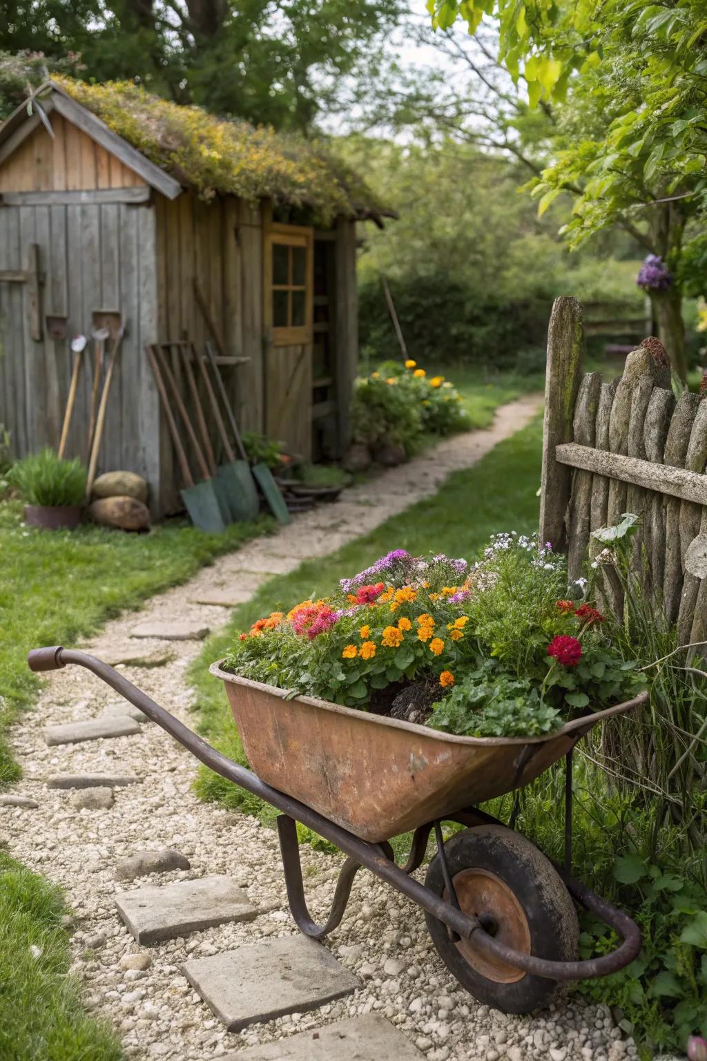 A vintage wheelbarrow planter in a rustic garden.