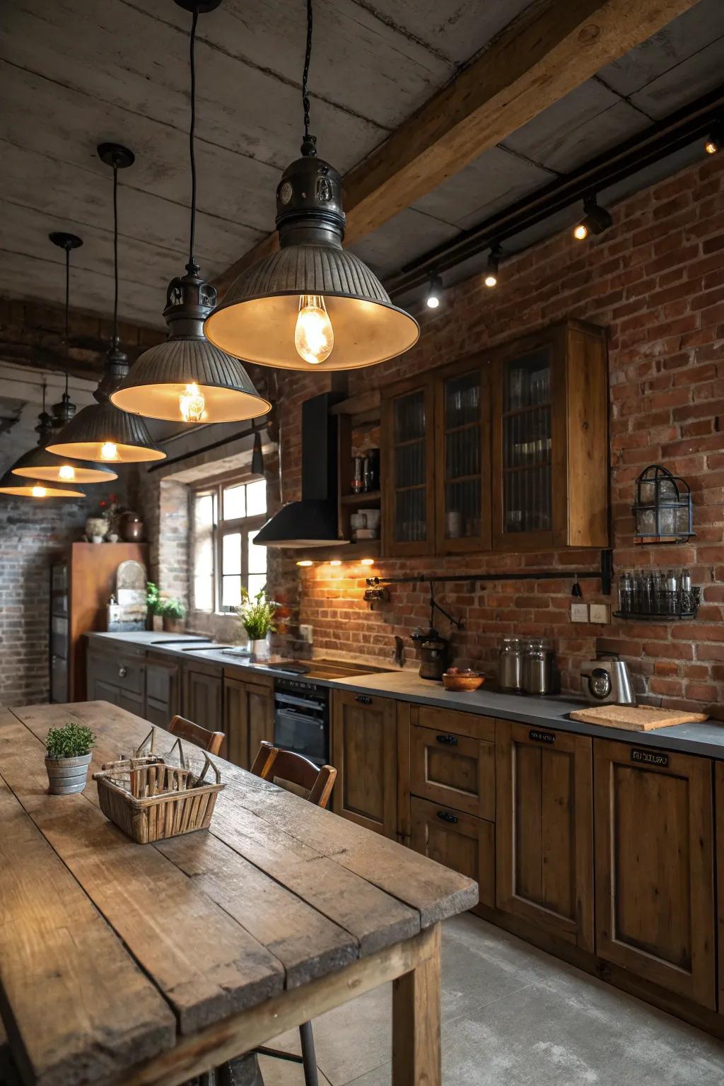 Industrial lighting adds a bold and stylish statement to rustic kitchens.