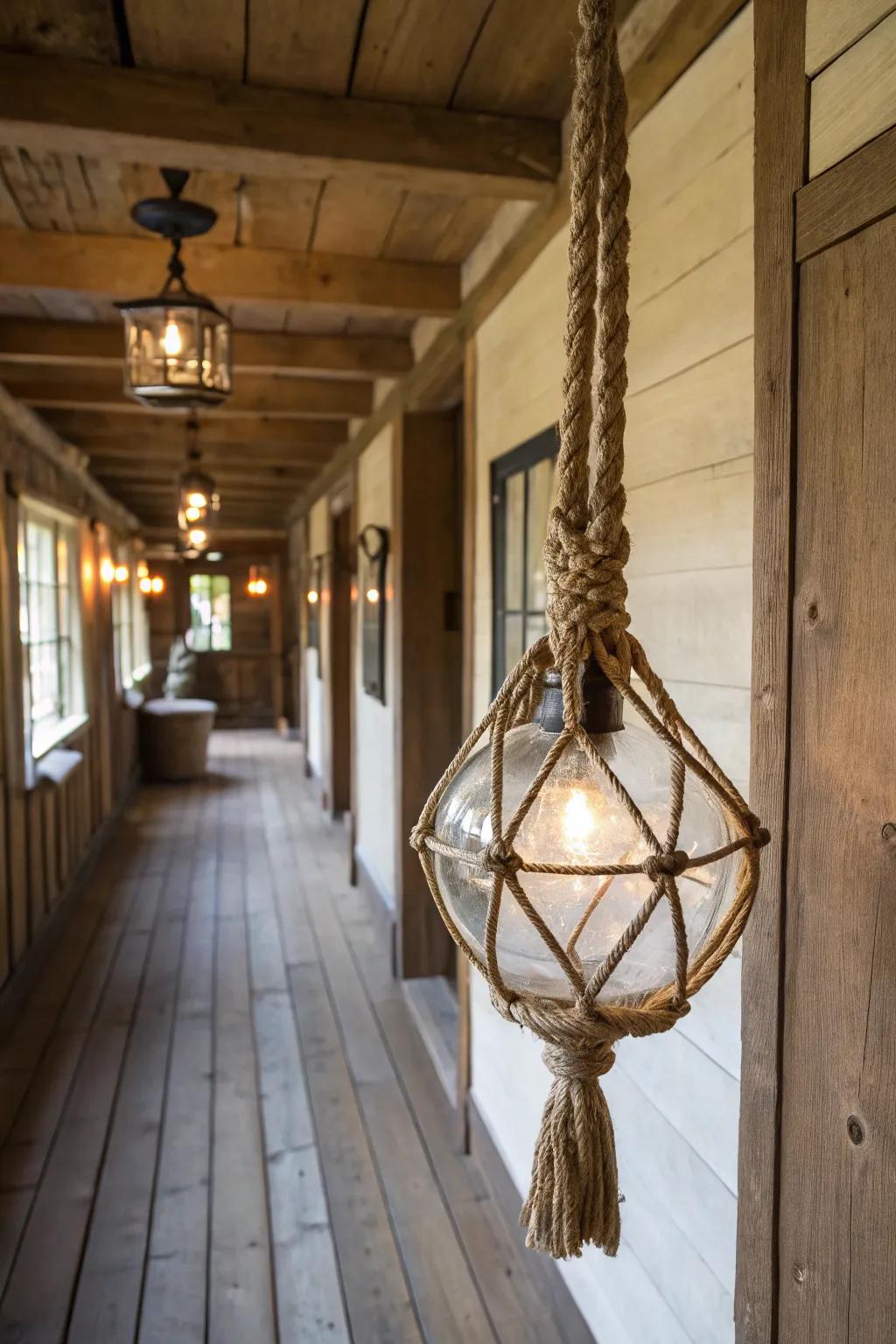 Glass and rope elements create an industrial rustic look in this hallway.