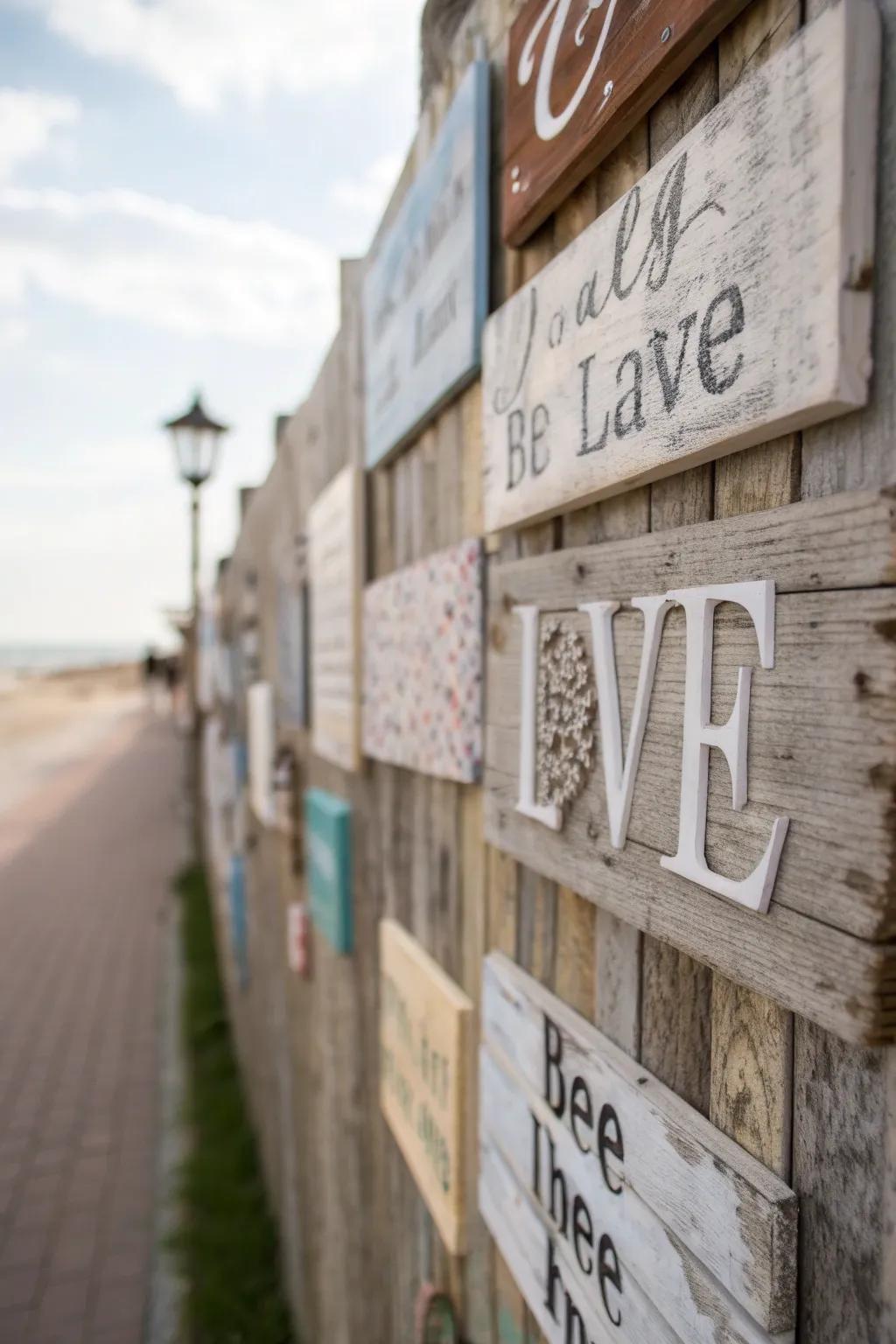 Distressed wooden signs with quotes add a personal touch to rustic decor.