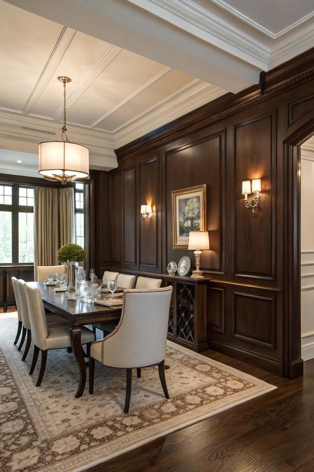 Contrasting colors in wainscoting create a dramatic and striking effect.