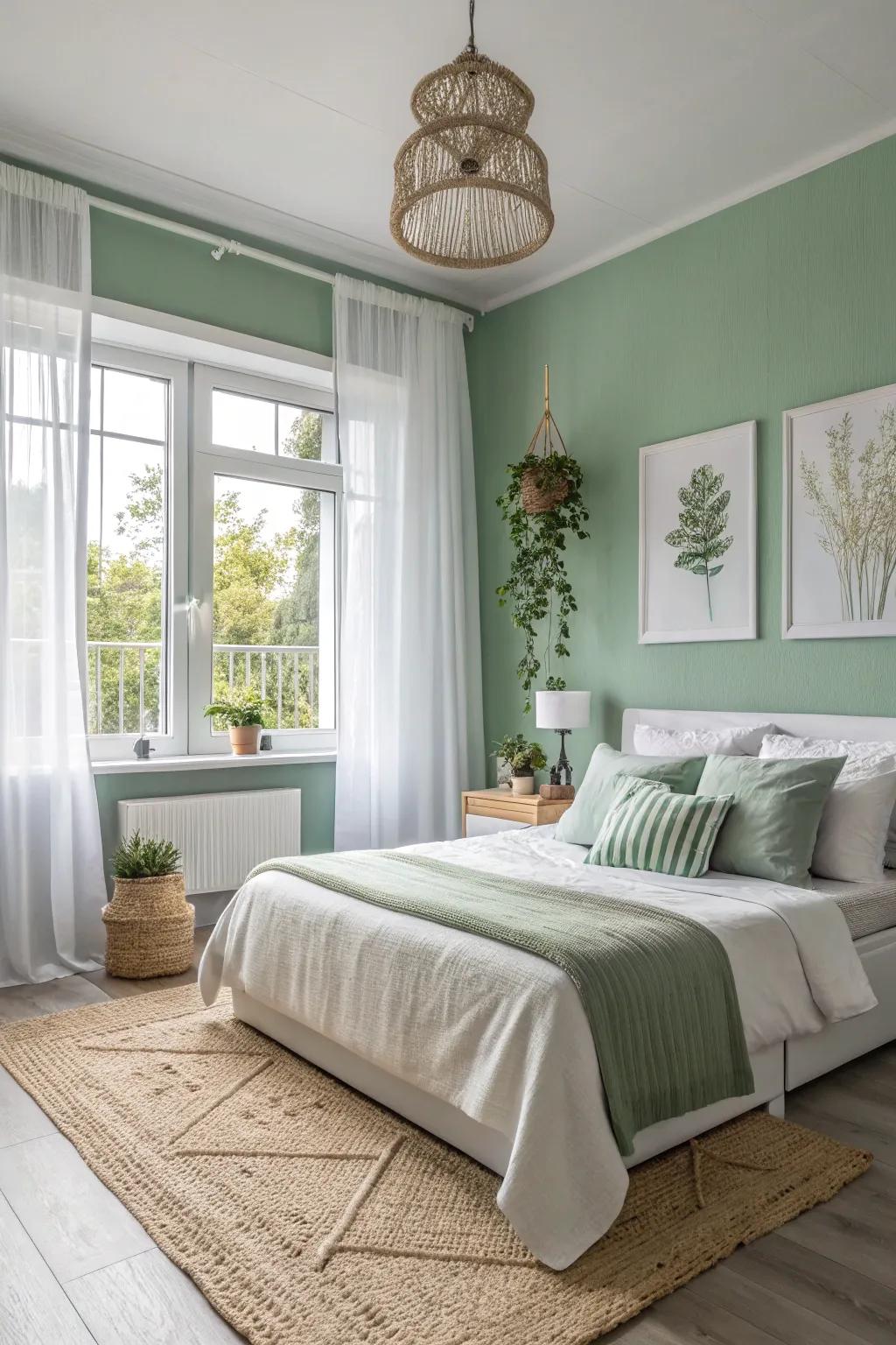 A sage green and white palette creates a fresh, tranquil atmosphere.