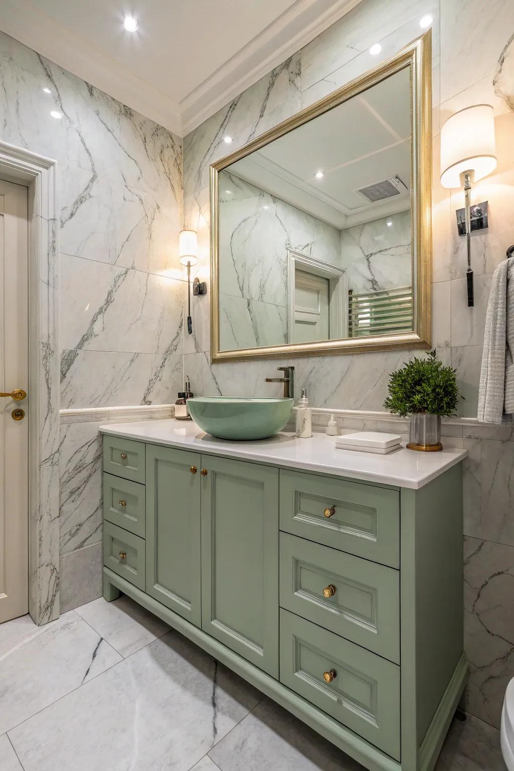 A luxurious bathroom with a sage green vanity and elegant marble countertops.