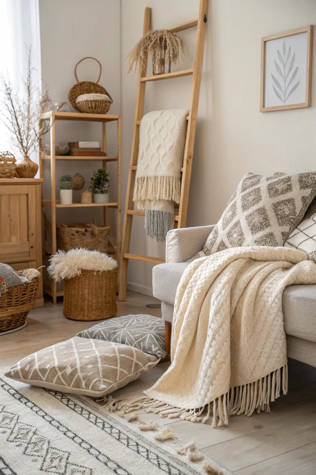 Cozy textiles soften this Scandinavian interior.