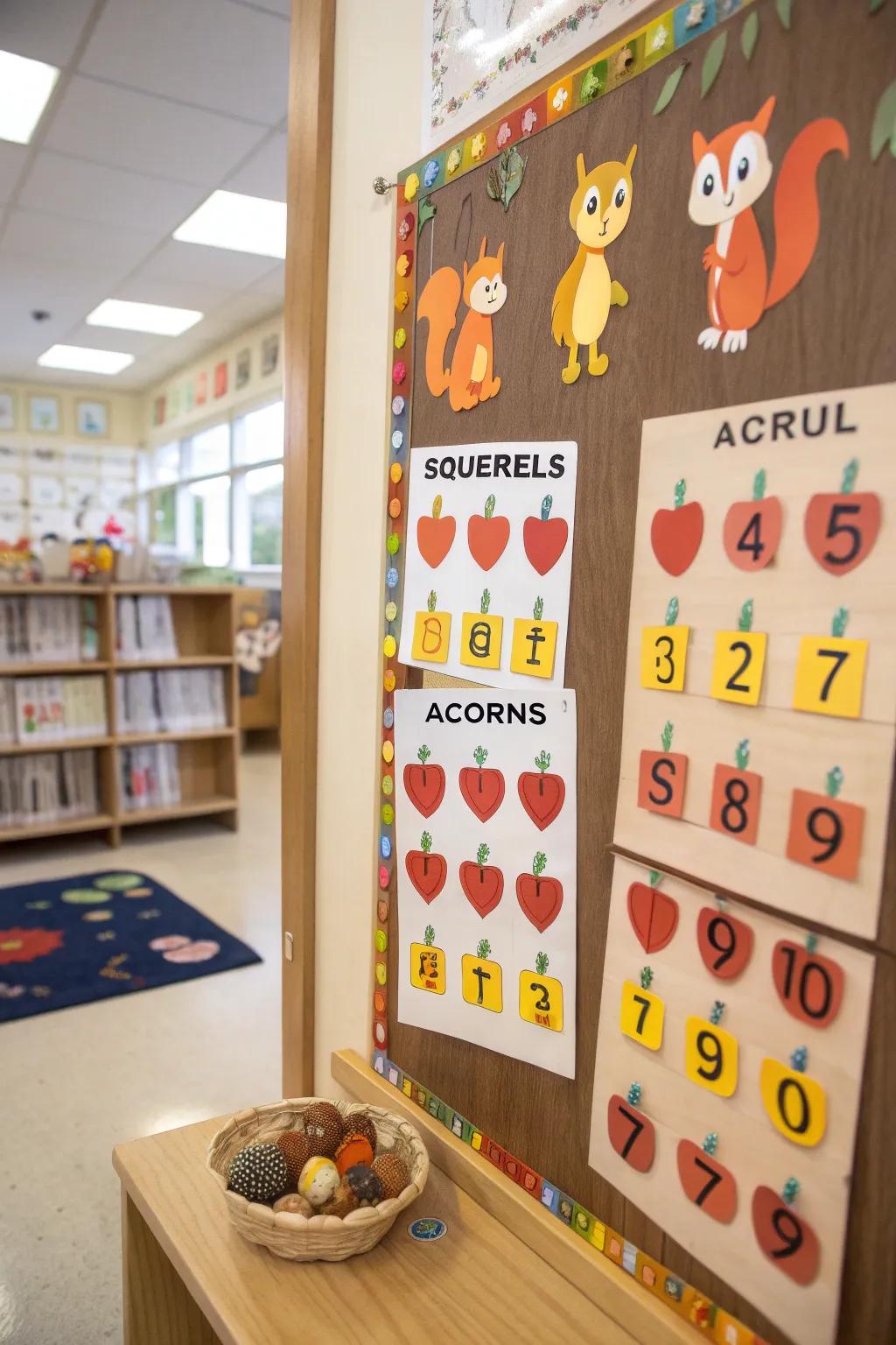 A squirrel-themed bulletin board with educational acorns.