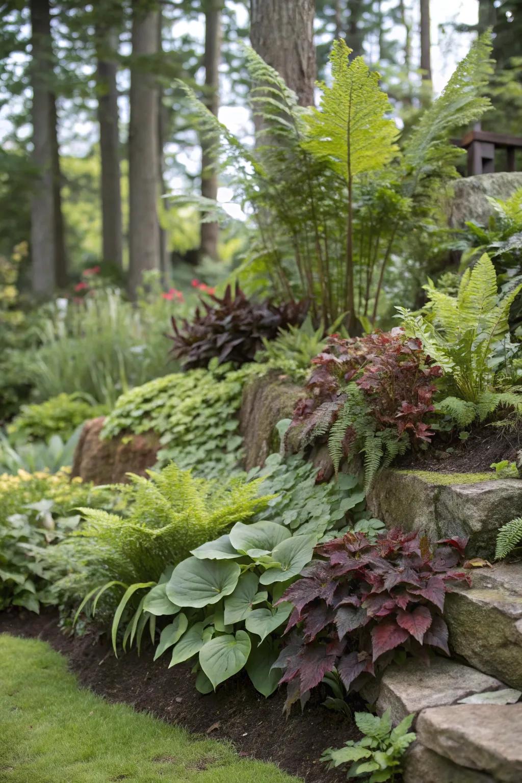 Layered planting adding depth to a shade garden.