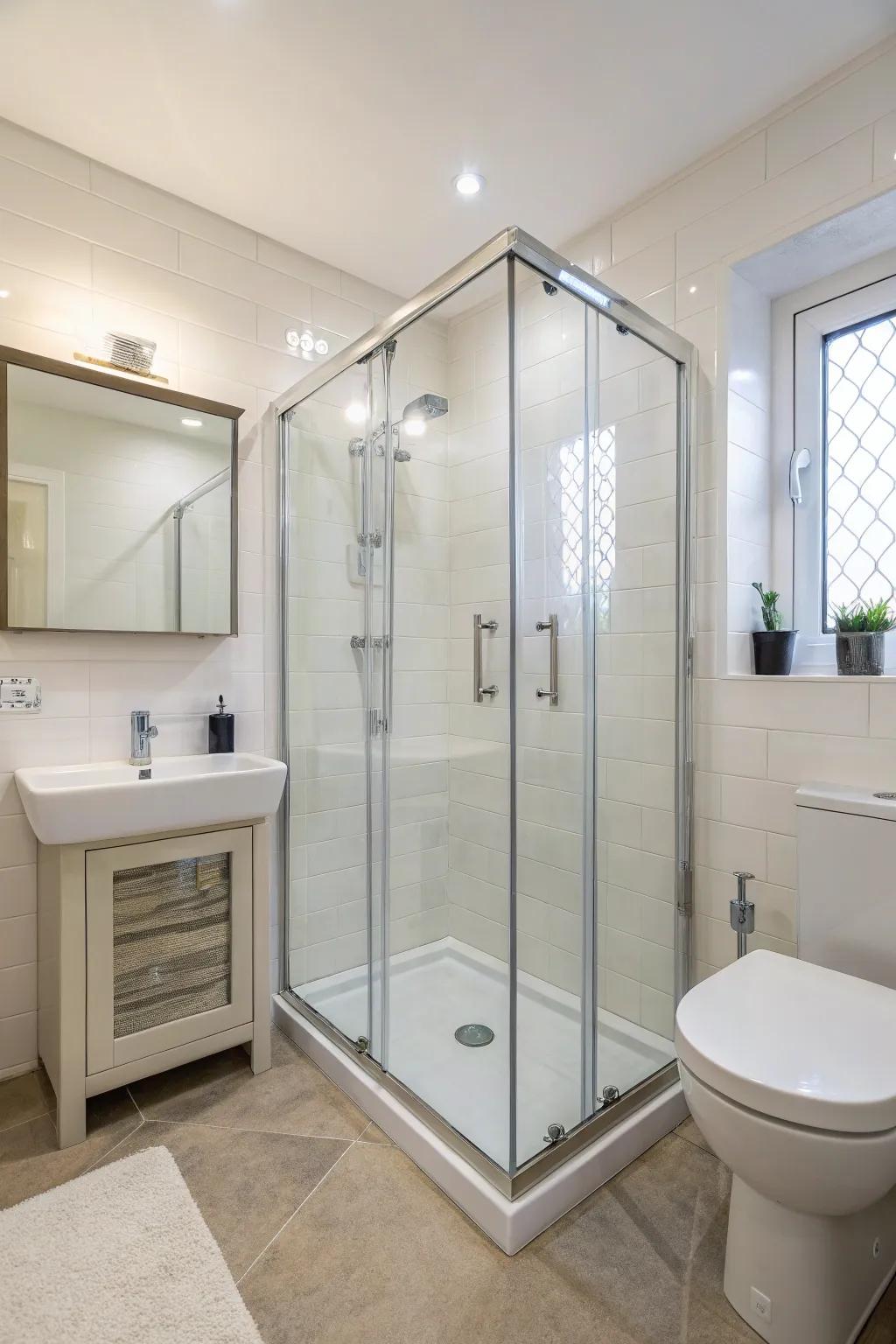 A corner shower efficiently utilizes space in a small bathroom.