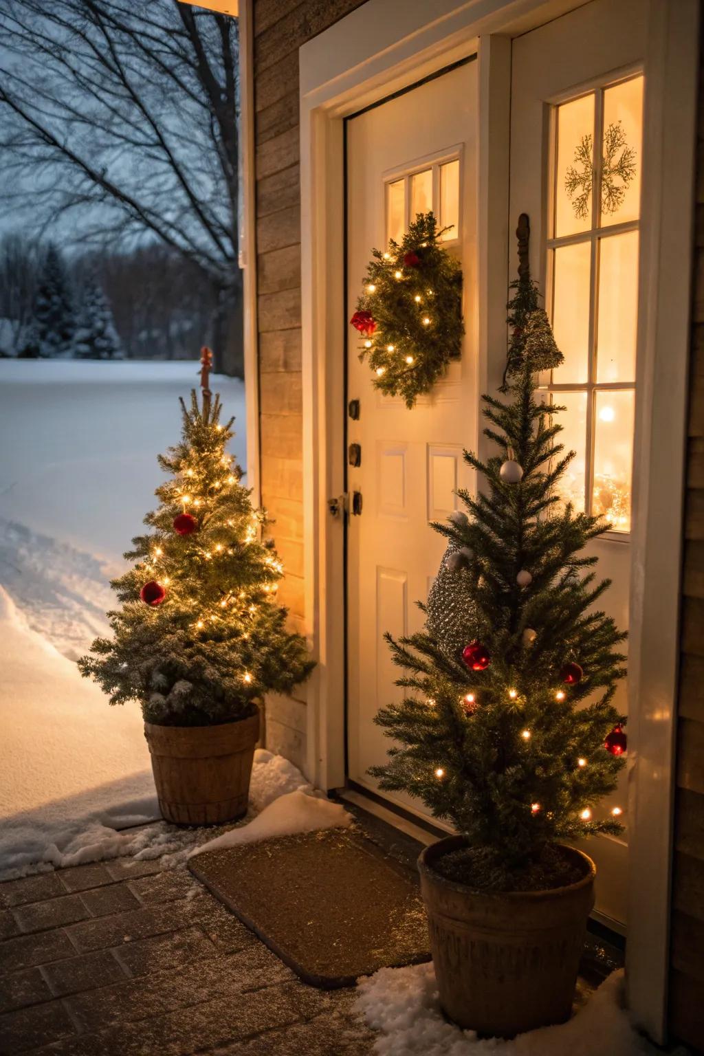 Mini Christmas trees in pots add festive greenery to the entrance.