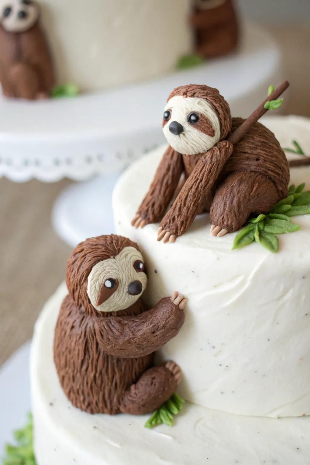 Tiny sloth toppers add charm to any cake.