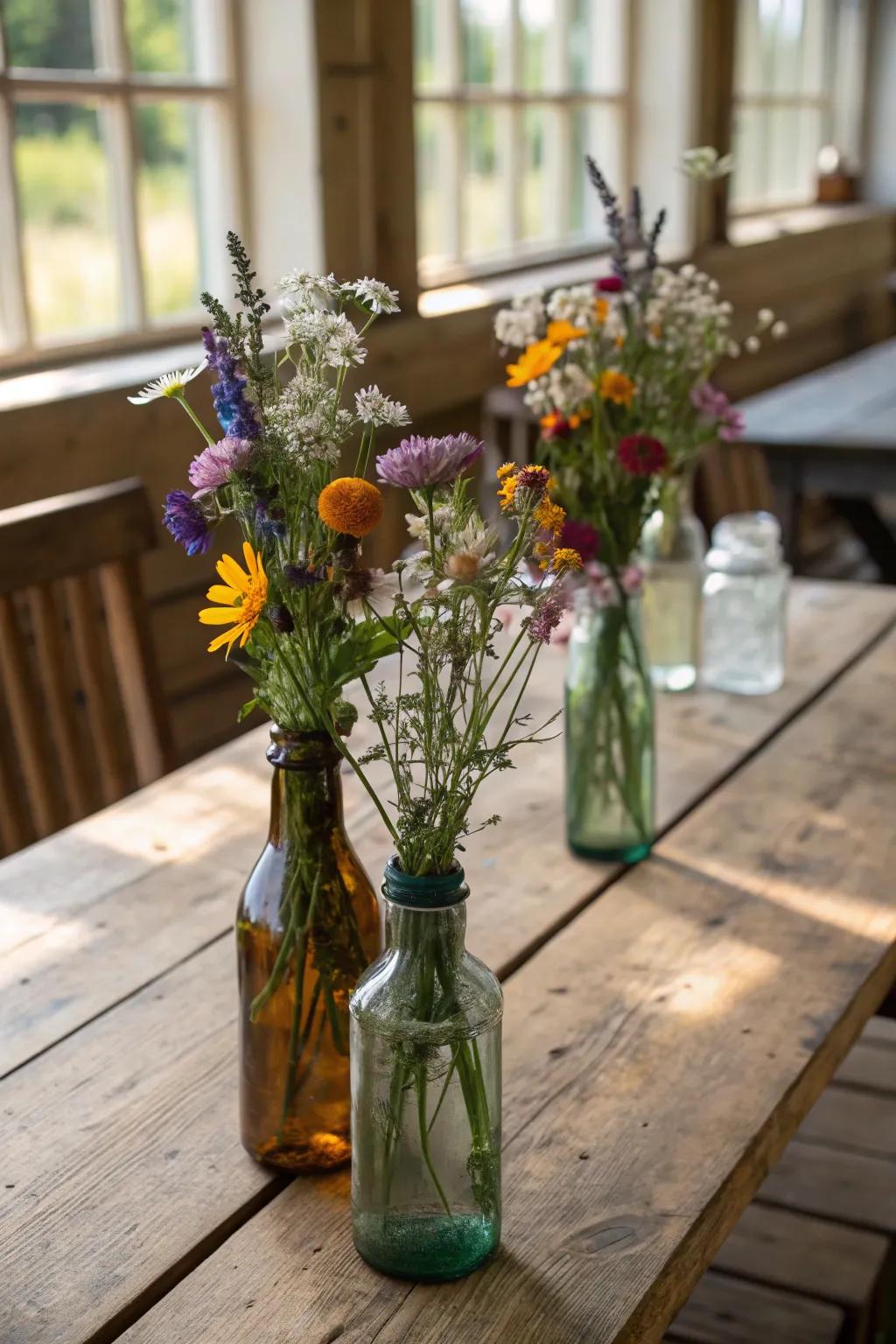 Vintage charm meets whimsical elegance with these glass bottle vases.