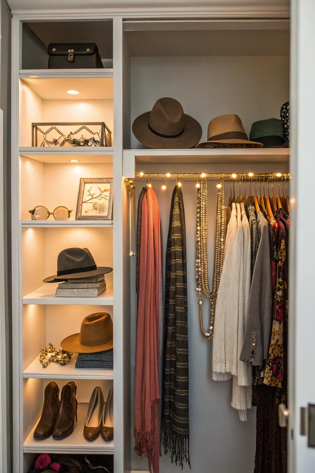 Accent lighting creates a warm and inviting closet atmosphere.