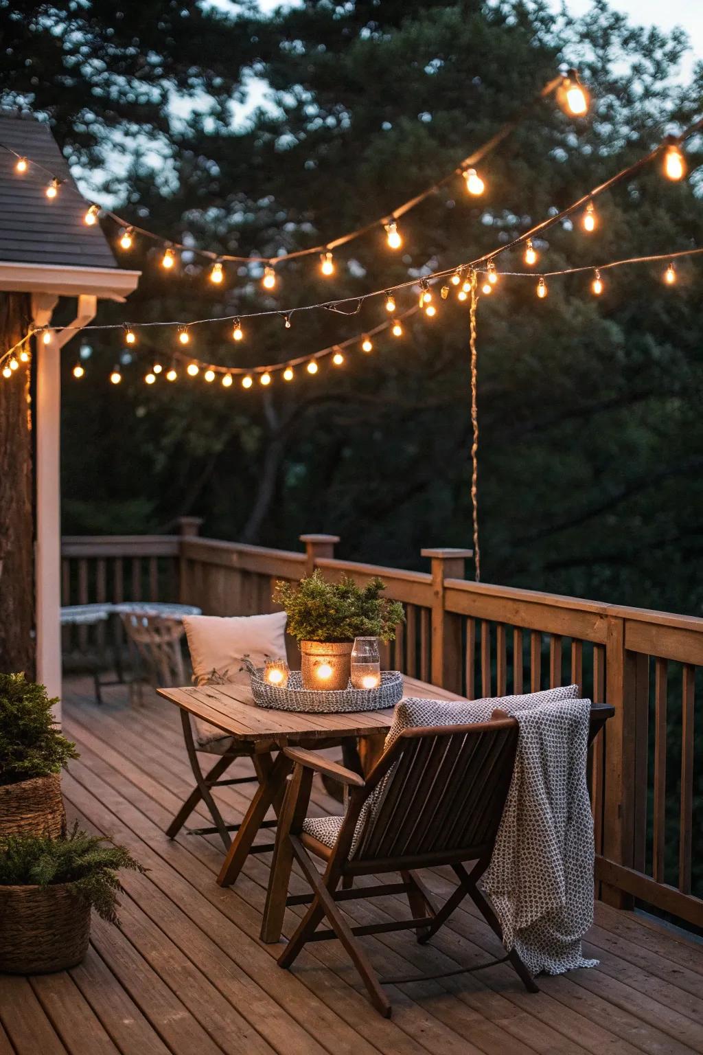 String lights create a warm and inviting ambiance after sunset.