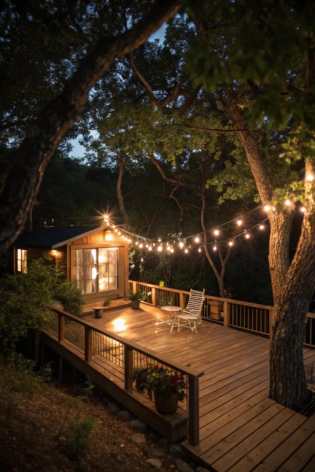 A small deck glowing with the charm of string lights.