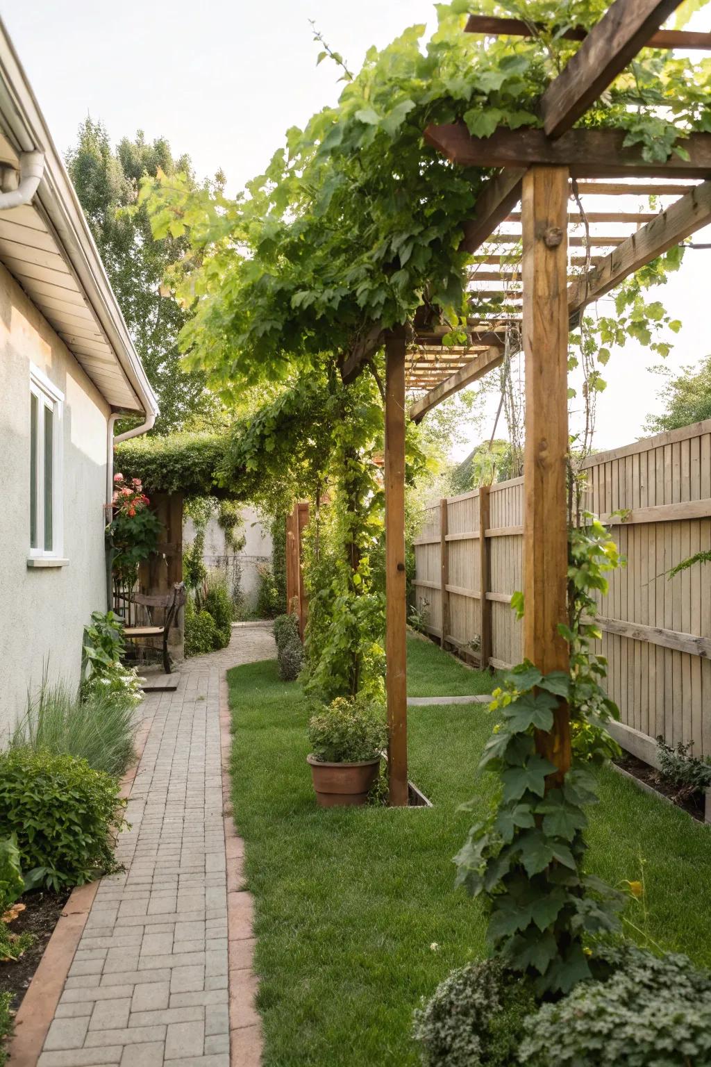 Climbing vines on trellises create vertical appeal.