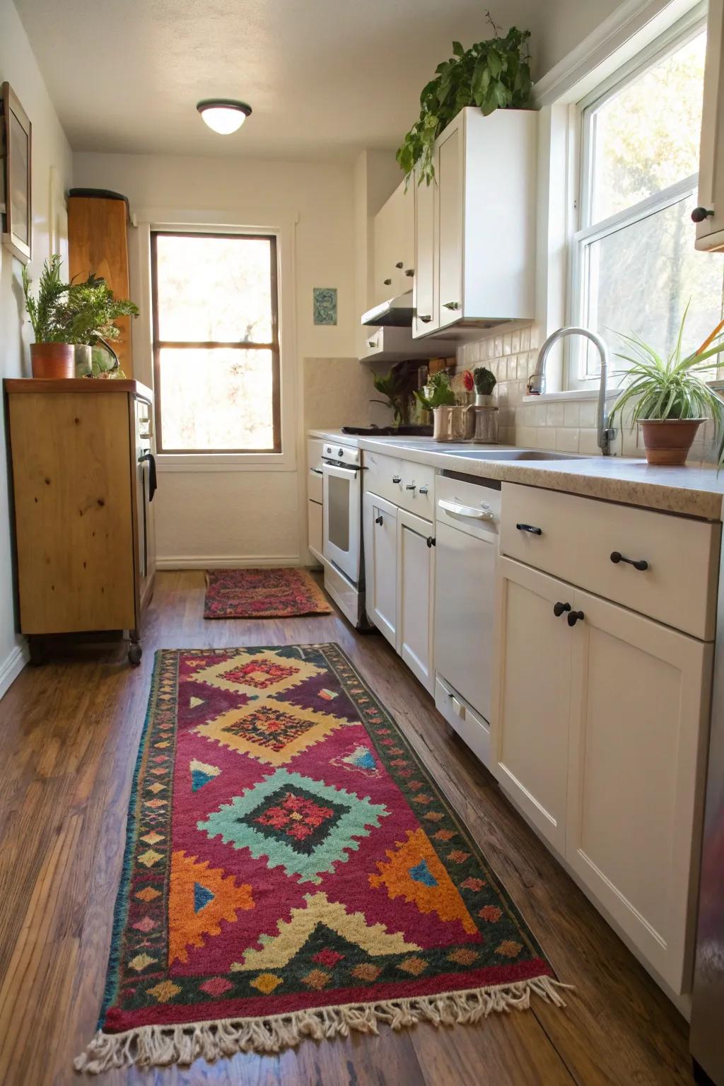 A decorative rug adds warmth and a pop of color.