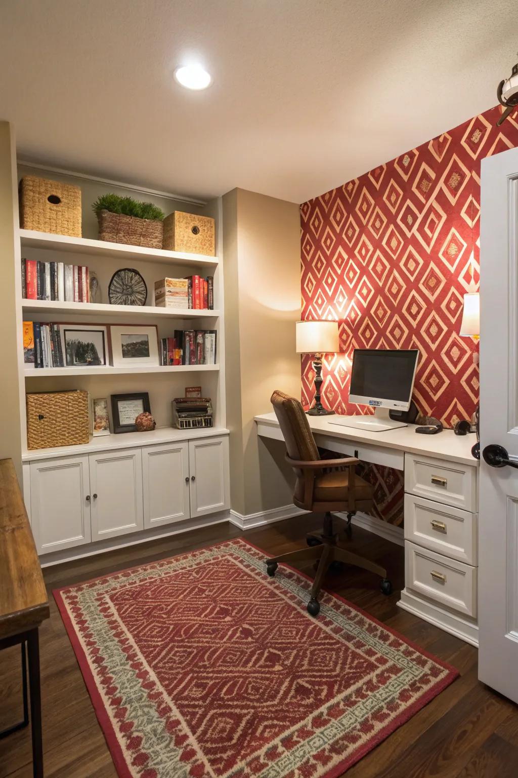 An office area clearly defined by a stylish rug and accent wall.