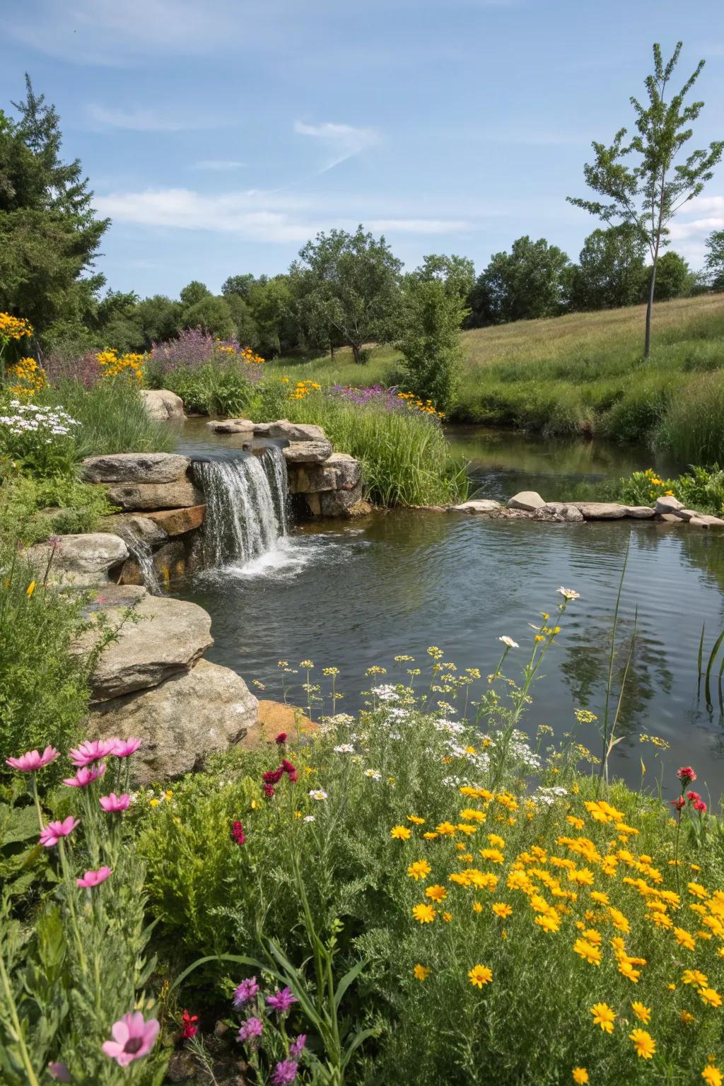 Wildflowers bring vibrant color and charm to your pond area.