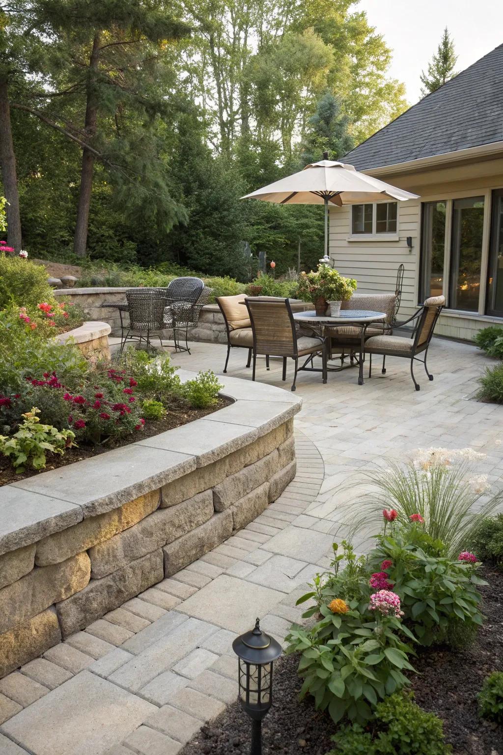 Retaining walls define cozy patio spaces for relaxation.