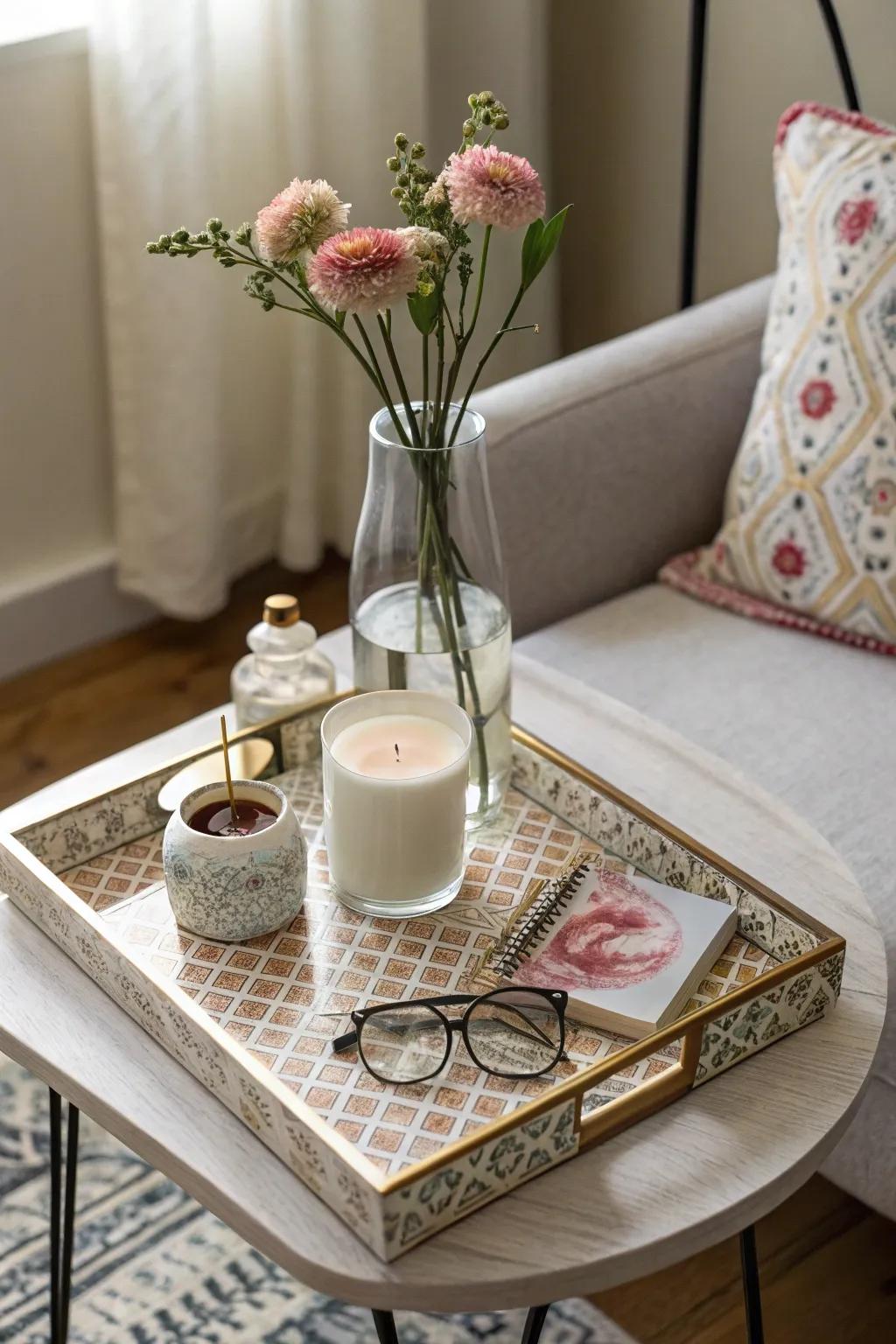 A decorative tray brings order and style to a side table.