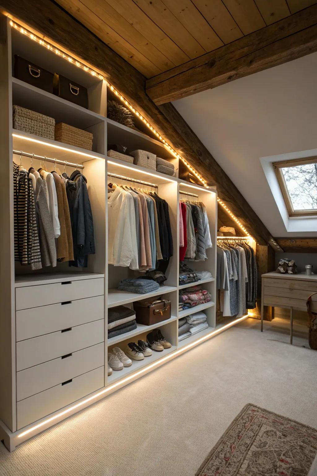 Smart lighting can highlight and enhance your attic closet.