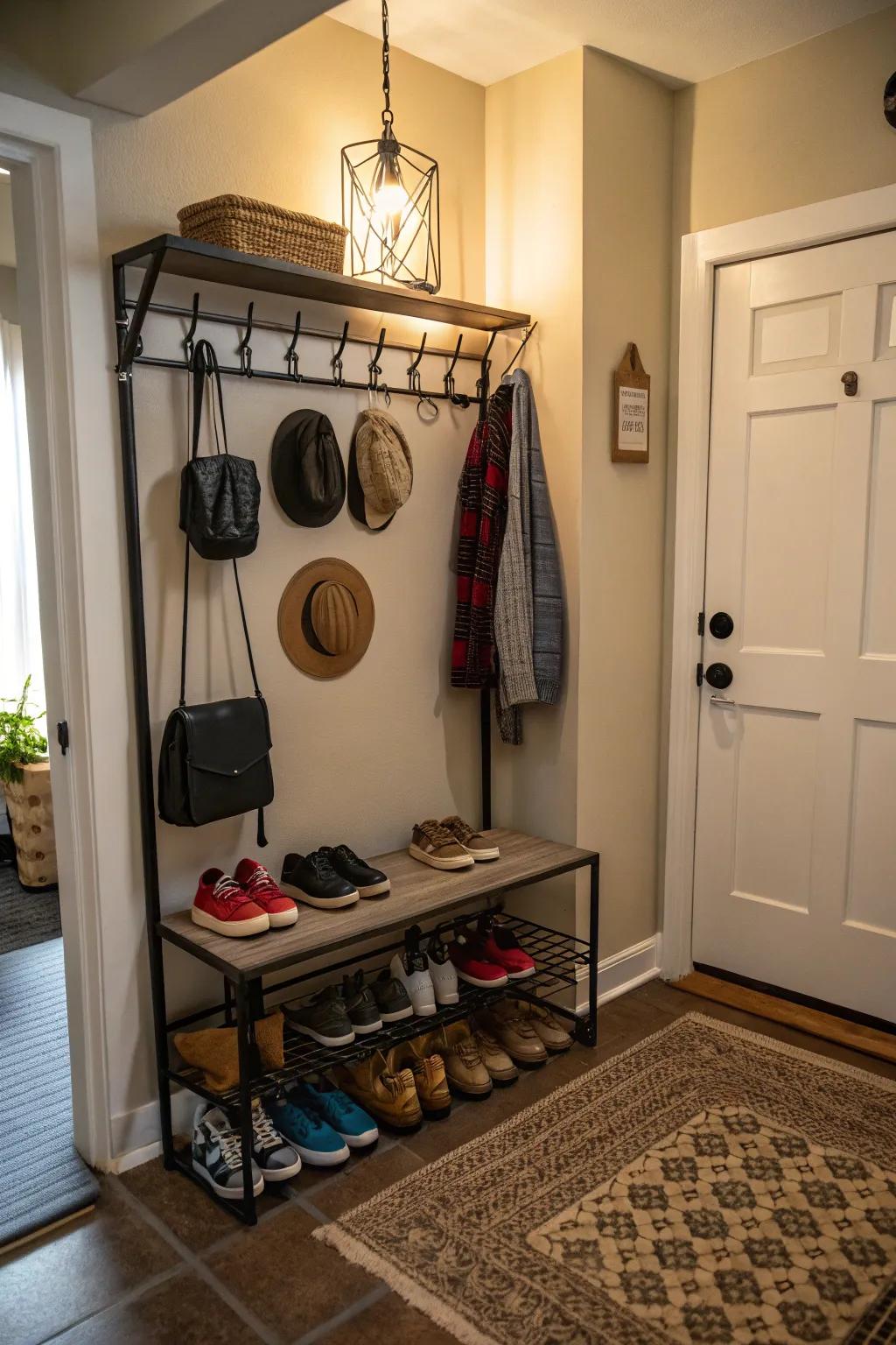 Over-door rack in an entryway, optimizing space for shoes and accessories.