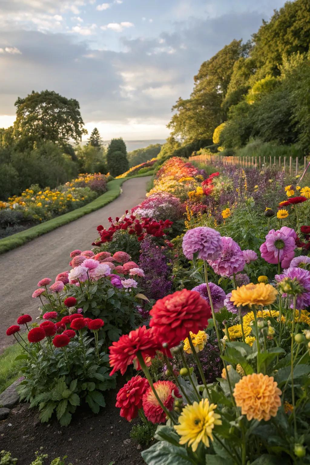 A garden bursting with colorful flowers in full bloom.