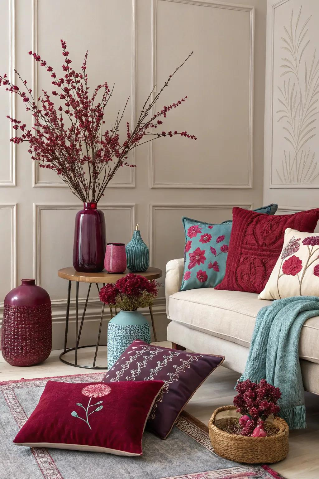 Berry-toned accents add a surprising pop of color.