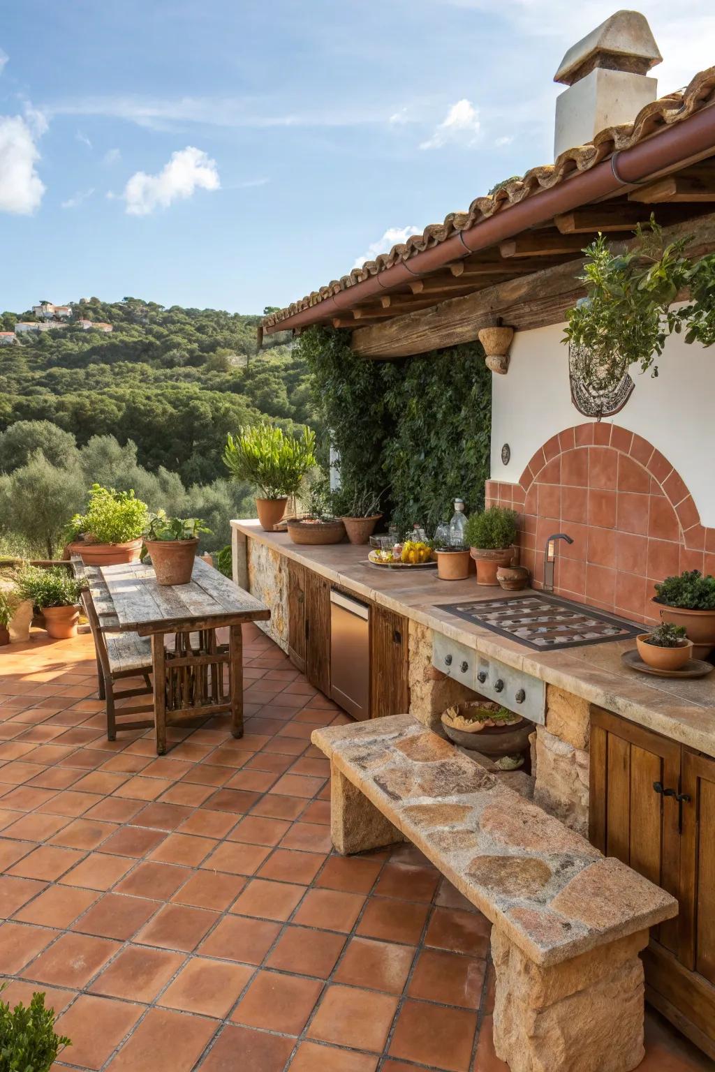 Terracotta tiles enhance the Mediterranean charm of this outdoor kitchen.